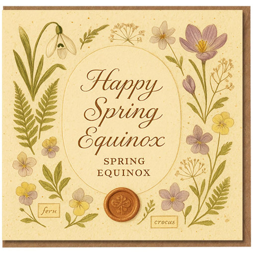 Happy Spring Equinox Card - Botanical Flowers Design with Crocus, Snowdrop and Fern - Seasonal Nature Greeting - Elegant Equinox Card