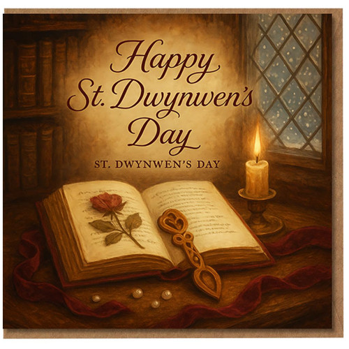 St. Dwynwen’s Day Card - Happy St Dwynwen’s Day, Welsh Lovespoon, Rose and Candle Illustration, Romantic Welsh Love Card for Partner or Loved One