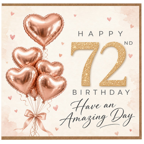 72nd Birthday Card, Happy 72 Birthday Card with Heart Balloons