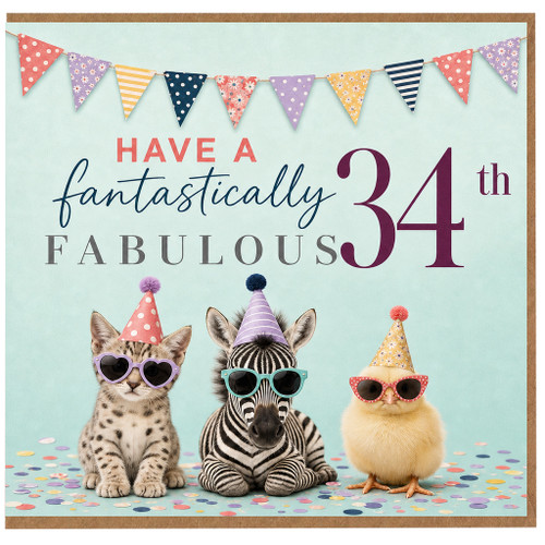 34th Birthday Card, Have a Fantastically Fabulous 34th Birthday Card with Cute Party Animals