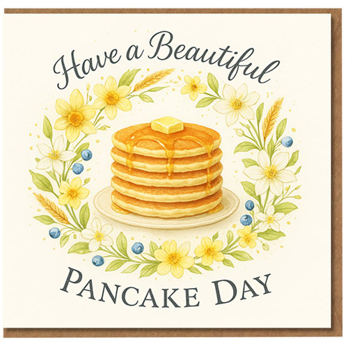 Pancake Day Card - Have a Beautiful Pancake Day - Watercolour Pancakes with Floral Wreath, Shrove Tuesday Greeting, Cute Food Illustration