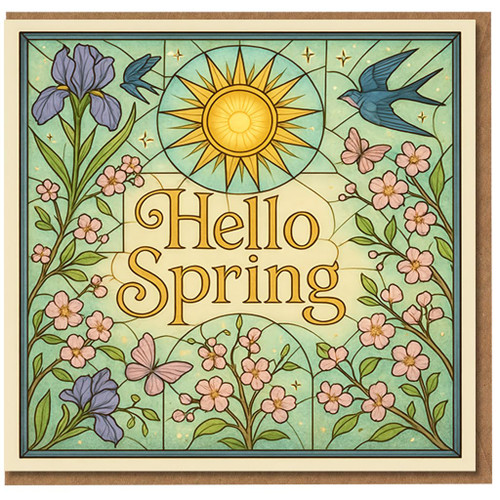 Hello Spring Greeting Card - Stained-Glass Style Sun, Swallow and Blossom Illustration - Seasonal Floral Card for Friends, Family and Colleagues
