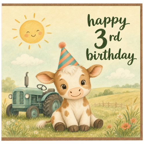 3rd Birthday Card, Cute Cow and Tractor Birthday Card