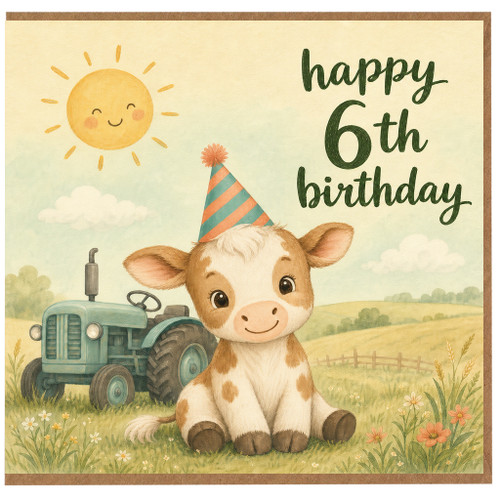 6th Birthday Card, Cute Cow and Tractor Farm Birthday Card