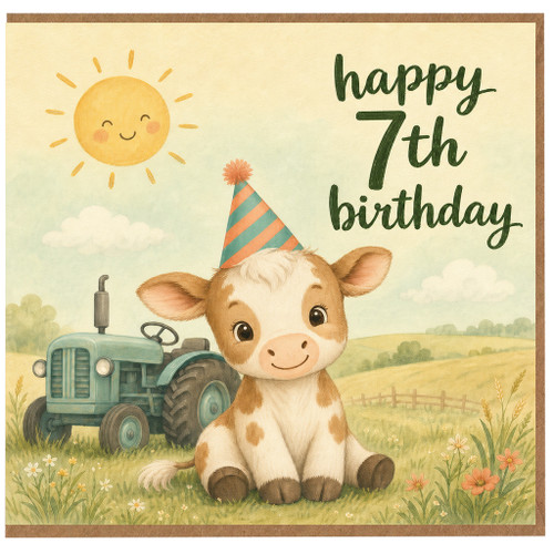 7th Birthday Card, Cute Cow and Tractor Farm Birthday Card