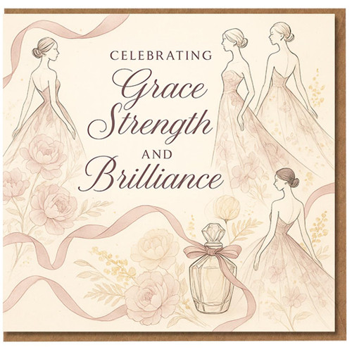 Congratulations Card - Celebrating Grace Strength and Brilliance - Elegant Floral Gown Illustration with Perfume Bottle - For Graduation, Promotion, Achievement or Milestone
