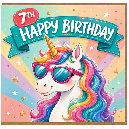 7th Birthday Card, Unicorn Happy Birthday Card