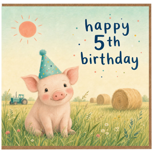 5th Birthday Card, Cute Piglet Farm Birthday Card