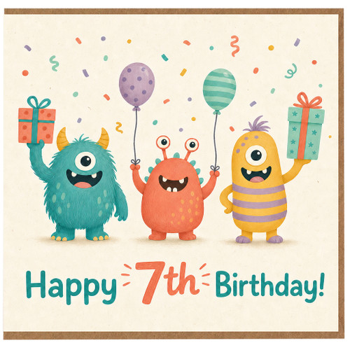 7th Birthday Card, Cute Monsters Happy 7th Birthday Card