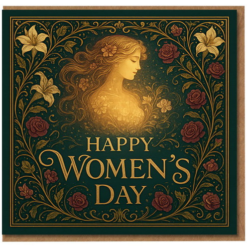 Happy Women's Day Greeting Card - Elegant Art Nouveau Floral Design with Roses and Lilies, Gold Lettering - International Women's Day Card for Her, Friends, Colleagues