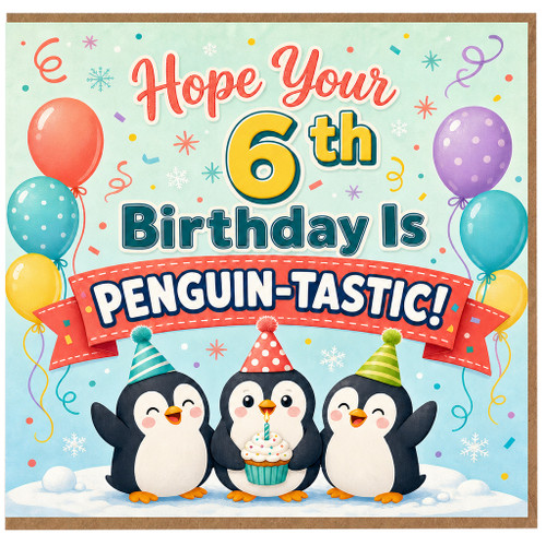6th Birthday Card, Penguin Themed Birthday Card