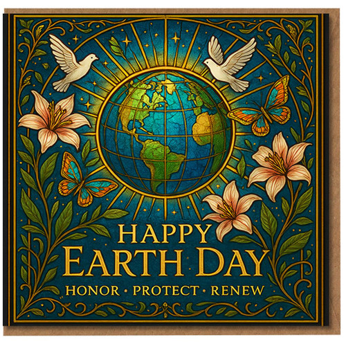 Happy Earth Day Card - Ornate Globe with Sun Rays, Doves, Butterflies and Lilies, 'Honor • Protect • Renew' Environmental Message
