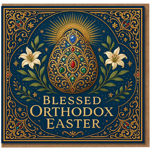Blessed Orthodox Easter Card - Ornate Jewel-Style Egg with Lilies and Radiant Gold Detailing on Deep Blue - Elegant Religious Easter Greeting