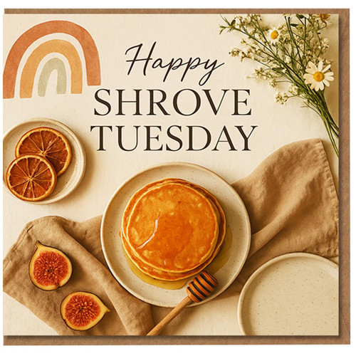 Happy Shrove Tuesday Pancake Day Card - Cosy Neutral Pancakes with Honey Dipper, Figs & Daisies, Pastel Rainbow Illustration - Seasonal Greeting