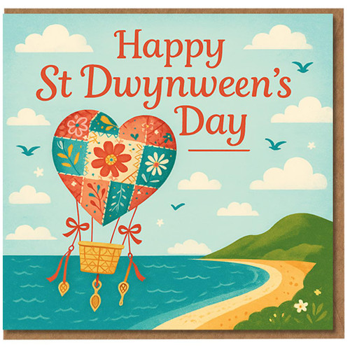 St Dwynwen's Day Card - Patchwork Heart Hot Air Balloon Seaside Design with 'Happy St Dwynwen's Day' Greeting - Welsh Love Day Romantic Card