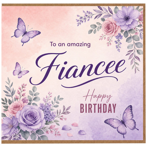 Fiancee Birthday Card, To an Amazing Fiance Happy Birthday Card, Purple Floral Butterfly Design