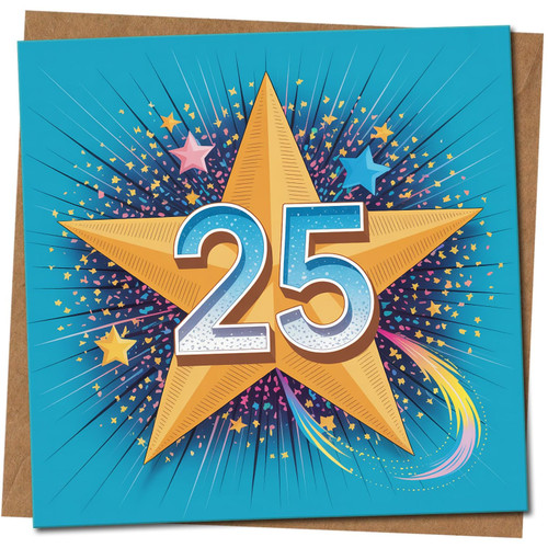 25th Birthday Card - Starburst Gold Star on Blue, 145mm x 145mm - Milestone Age Twenty-Five Card, Includes Kraft Envelope