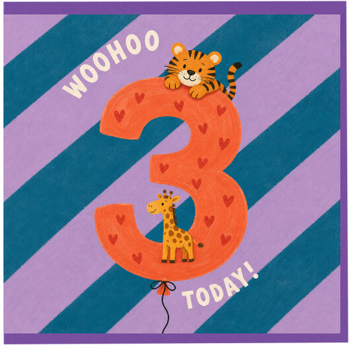 3rd Birthday Card, Cute Tiger and Giraffe Balloon Card
