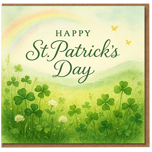 Happy St Patrick's Day Card - Watercolour Shamrocks and Rainbow Meadow Design - Irish Good Luck Greeting