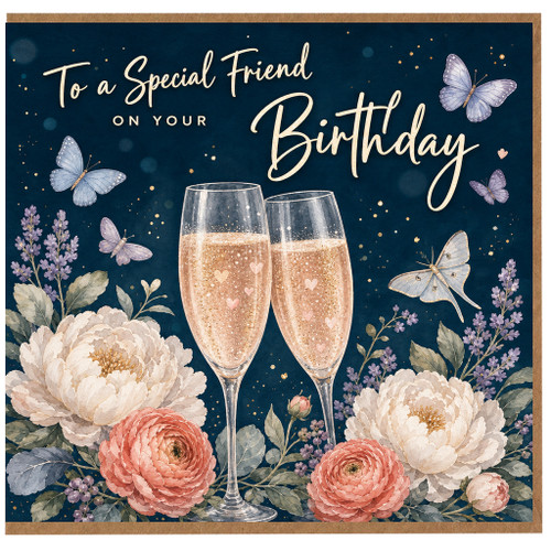 Birthday Card, Elegant Floral Champagne Butterflies Card