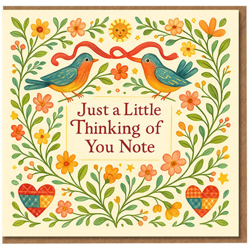 Thinking of You Card - Cute Folk Art Birds, Flowers & Hearts - Just a Little Thinking of You Note