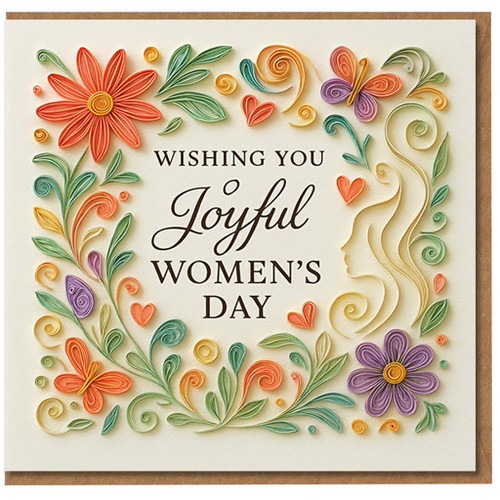 Joyful Women's Day Card - Quilling Style Floral Border with Butterflies and Woman Silhouette - Wishing You Joyful Women's Day