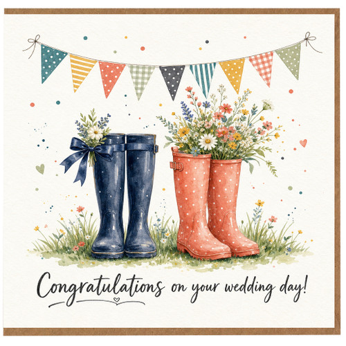 Birthday Card, Cute Wellies and Wildflowers Wedding Day Card