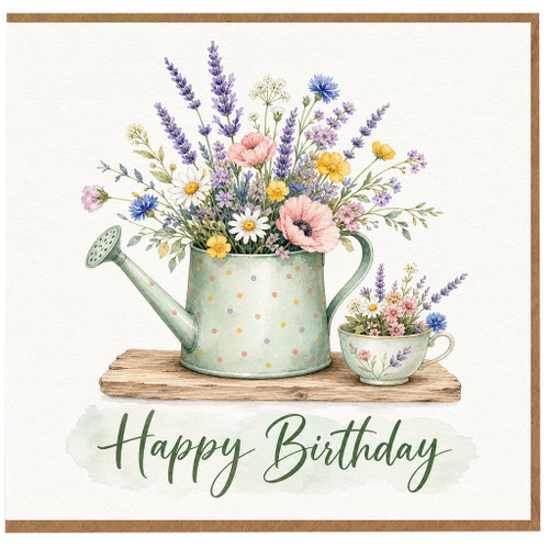 Birthday Card, Floral Watering Can and Teacup Design