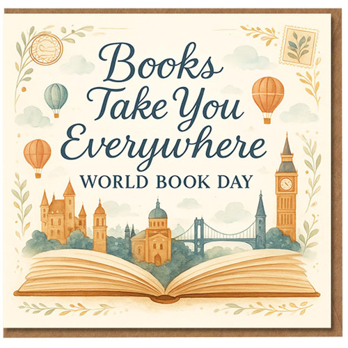 World Book Day Card - Books Take You Everywhere - Illustrated Open Book, Balloons and Landmarks Design for Lovers, Pupils and Teachers