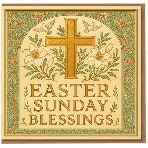 Religious Easter Sunday Blessings Card - Elegant Cross with Lilies and Doves, Vintage Floral Border Christian Greeting