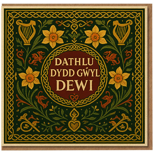 St David's Day Card Welsh - Dathlu Dydd Gŵyl Dewi - Celtic Knotwork, Daffodils & Harps, Green and Gold Welsh Dragon Design