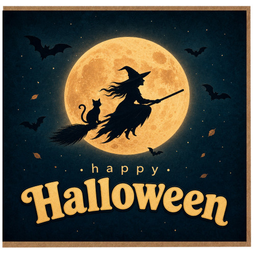 Birthday Card, Witch on Broom Full Moon Design