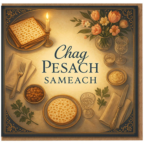 Passover Card - Chag Pesach Sameach - Elegant Seder Table Artwork with Matzah, Wine Glasses, Candle and Tulips - Jewish Holiday Greeting