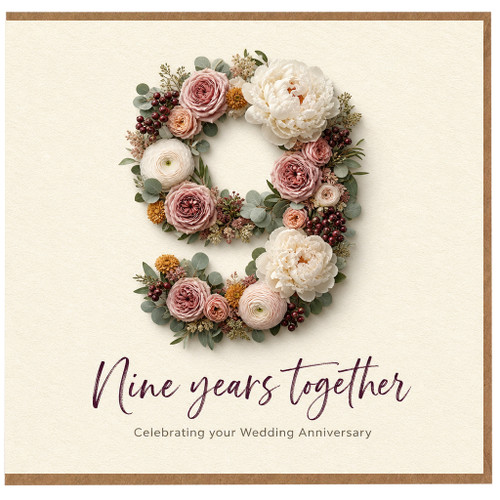 9th Birthday Card, Nine Years Together Floral Card