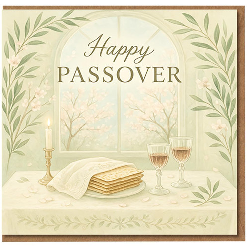 Happy Passover Card - Elegant Seder Table with Matzah, Wine and Candle by Spring Window - Jewish Pesach Greeting for Family & Friends