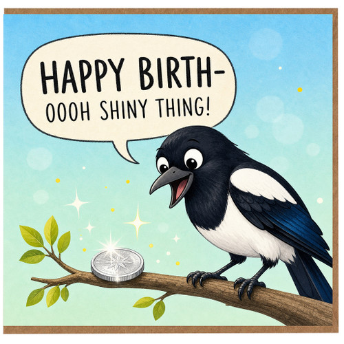 Birthday Card, Funny Magpie Bird Card, Happy Birth - Oooh Shiny Thing Card