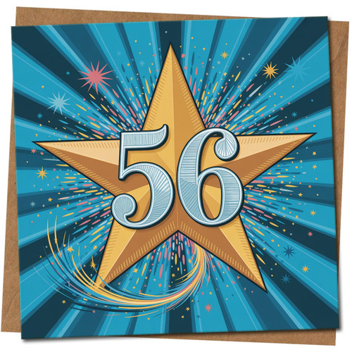 56th Birthday Card - Starburst Celebration Design in Blue and Gold - 145mm x 145mm -, Includes Kraft Envelope