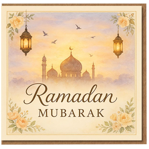 Ramadan Mubarak Greeting Card - Elegant Mosque Silhouette, Lanterns and Floral Corners - Islamic Sunset Design for Family and Friends