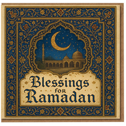 Ramadan Card - Blessings for Ramadan - Crescent Moon and Mosque, Ornate Blue Floral Border, Islamic Art Design, Elegant Greeting for the Holy Month