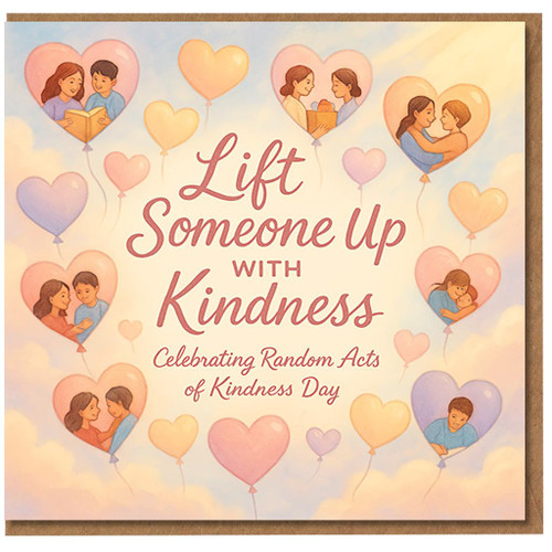 Random Acts of Kindness Day Card - Lift Someone Up with Kindness - Heart Balloon Illustrations of Caring Acts - Encouragement/Thinking of You
