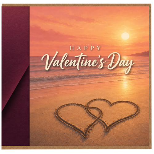 Birthday Card, Romantic Beach Sunset Hearts Design
