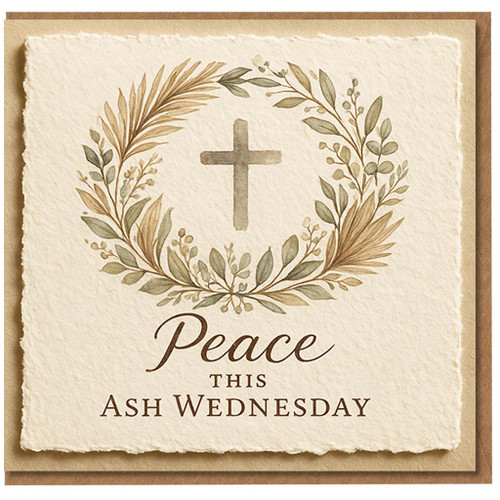 Ash Wednesday Card - Peace This Ash Wednesday - Watercolour Cross and Olive Wreath - Christian Lent Blessings - Religious Greeting Card
