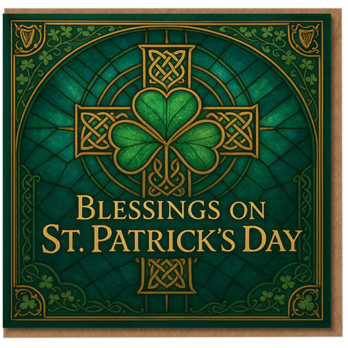 St Patrick's Day Card - Blessings on St Patrick’s Day, Celtic Cross and Shamrock Irish Knotwork Design, Green Greeting for Friends and Family