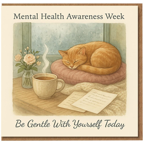 Be Gentle With Yourself Today Card for Mental Health Awareness Week - Cosy Cat, Rainy Window, Tea & Roses - Thinking of You Encouragement Card