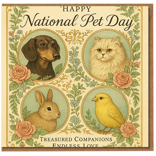 National Pet Day Card - Vintage Pet Portraits of Dog, Cat, Rabbit & Canary with Roses - Happy National Day Message for Lovers
