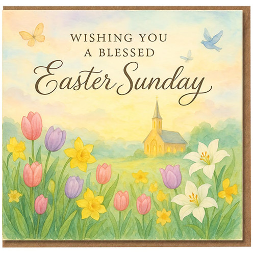 Easter Sunday Card - Wishing You a Blessed Easter Sunday - Watercolour Church with Tulips, Daffodils and Lilies - Butterflies and Birds