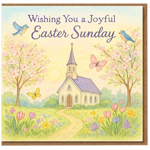 Easter Sunday Card - Wishing You a Joyful Easter Sunday - Church and Spring Flowers Illustration with Birds and Butterflies - Religious Christian Greeting Card