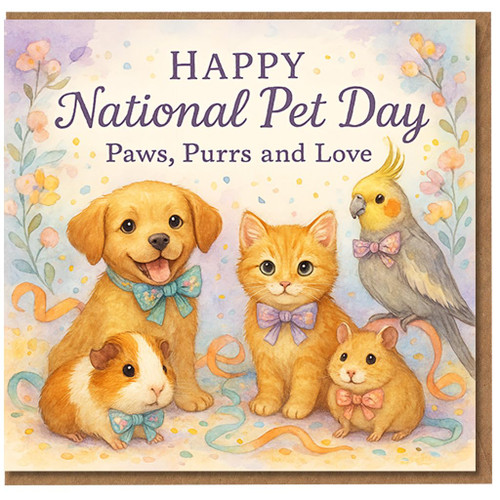 Happy National Pet Day Card - Cute Watercolour Puppy, Kitten, Cockatiel, Guinea Pig and Hamster with Bows, Paws, Purrs and Love