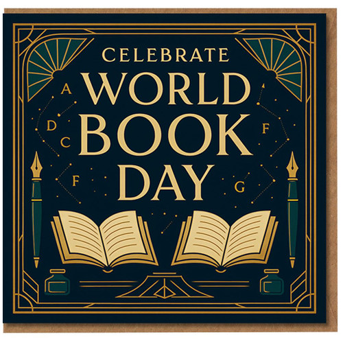 Celebrate World Book Day Greeting Card - Art Deco Design with Open Books, Fountain Pens and Ink Bottles - Perfect for Readers, Teachers and Librarians