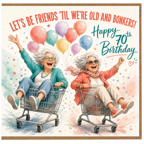 70th Birthday Card, Funny Happy 70th Birthday Card with Two Women in Shopping Trolleys